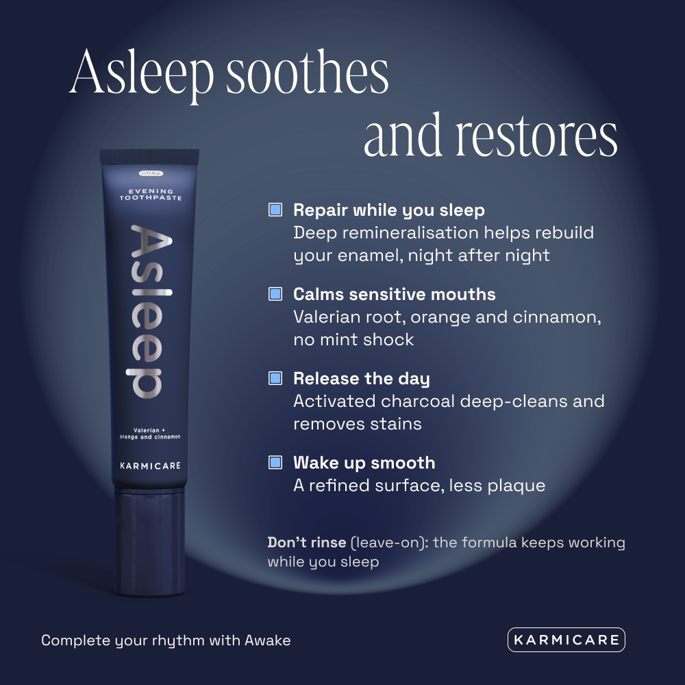 Karmicare Asleep evening toothpaste, fluoride-free, SLS-free and rich in nano-hydroxyapatite, with valerian root, orange, cinnamon and activated charcoal