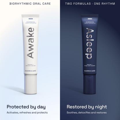 Karmicare Awake morning and Asleep evening toothpaste, fluoride-free, SLS-free and rich in nano-hydroxyapatite: protected by day, restored by night
