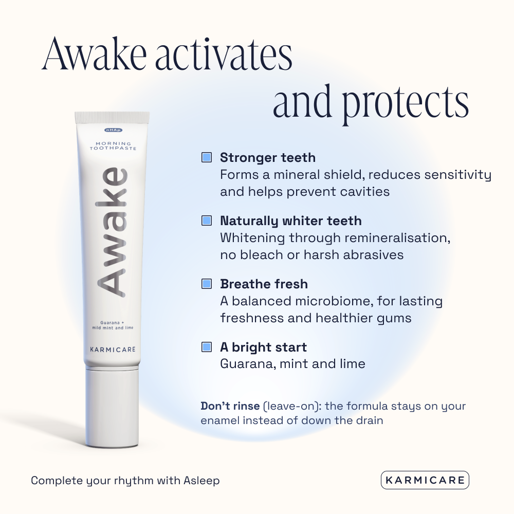 Karmicare Awake morning toothpaste, fluoride-free, SLS-free and rich in nano-hydroxyapatite, with guarana, mint and lime