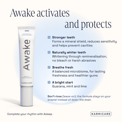 Karmicare Awake morning toothpaste, fluoride-free, SLS-free and rich in nano-hydroxyapatite, with guarana, mint and lime