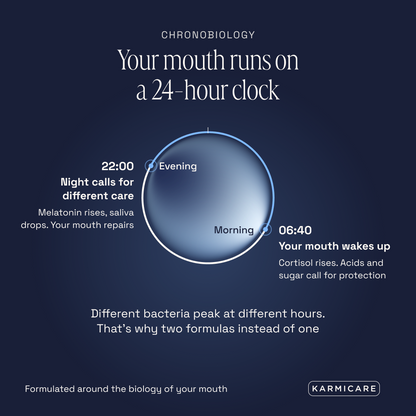 Karmicare chronobiology infographic: your mouth runs on a 24-hour clock, with morning care at 06:40 and evening care at 22:00