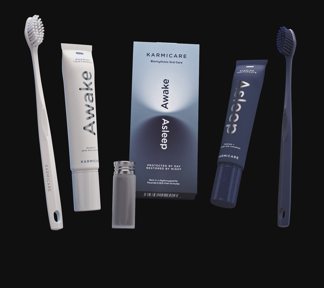 Animated view of the Karmicare Biorhythmic Oral Care Kit: fluoride-free, SLS-free Awake morning and Asleep evening toothpaste rich in nano-hydroxyapatite, morning and evening toothbrushes and whitening charcoal floss